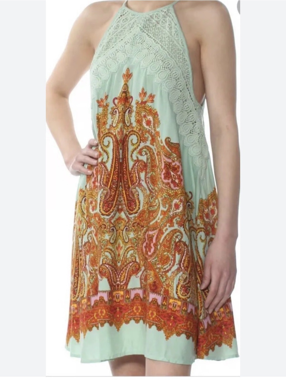 Free People Mint Green Halter Dress with Orange Paisley Print